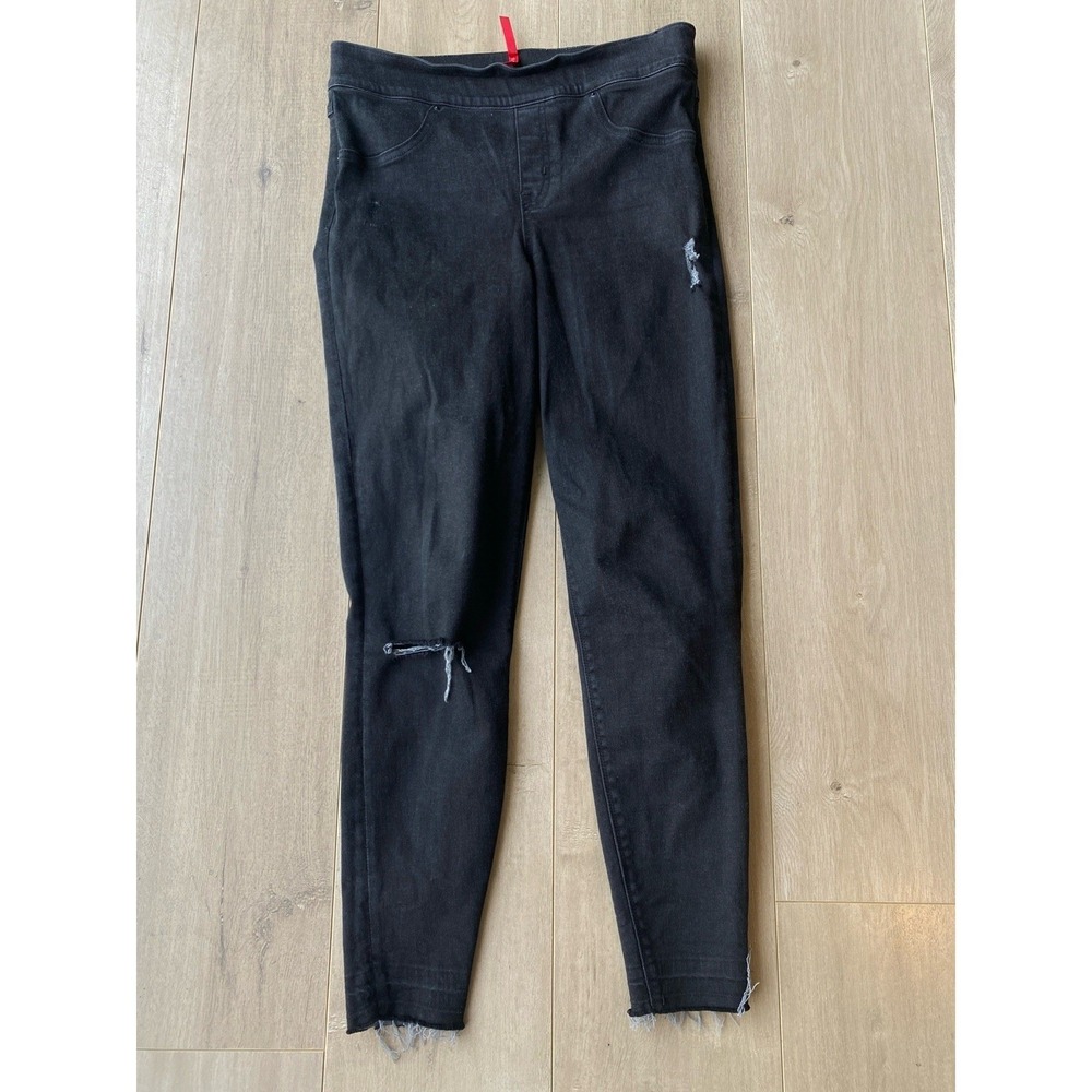 Spanx Ankle Skinny Jeans Women's Medium Black Distressed Tapered Pull On